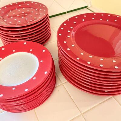 Lot 23  Red Polka Dot Plates Mugs, Salt & Pepper 