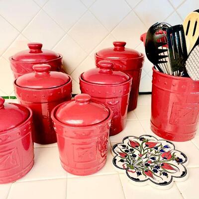 Lot 24  Signature Sorrento Red Canisters & Utensil Holder 