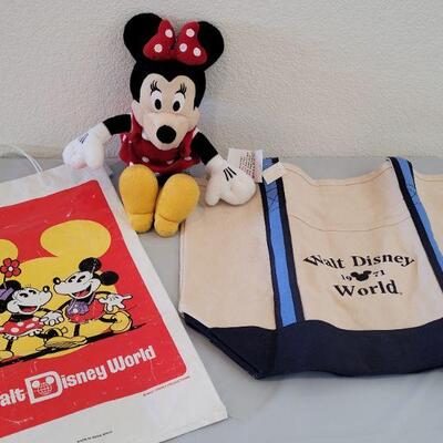 Lot 196: Walt Disney World Tote Bag and Vintage Plastic Bag and Minnie Mouse  Plushie 