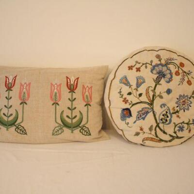 Lot #96: Lot of 2 Vintage Hand Embroidered Floral Throw Pillows 