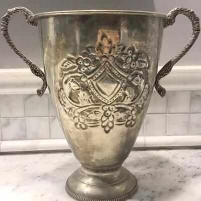 B401 - Silver sparkly candle + Large silver plate handled trophy pot