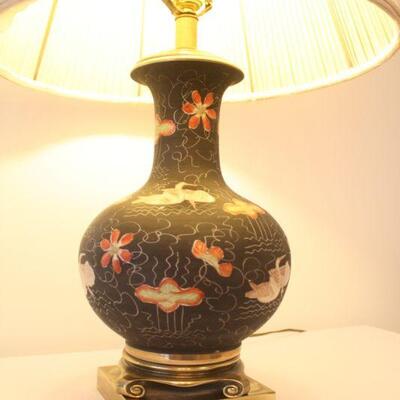 Lot #102: Vintage Black and Gold Swans and Flowers Painted Oriental Style Lamp
