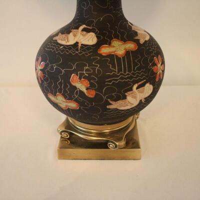 Lot #102: Vintage Black and Gold Swans and Flowers Painted Oriental Style Lamp