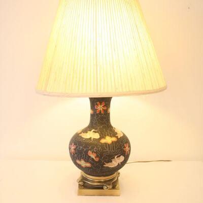 Lot #102: Vintage Black and Gold Swans and Flowers Painted Oriental Style Lamp