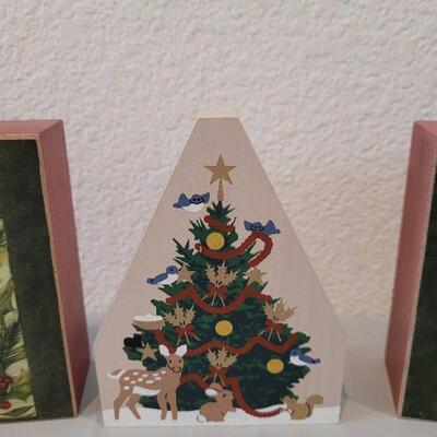 Lot 216: New (2) Silvestri Flower Hanging Deco and Christmas Tree Wood Deco 