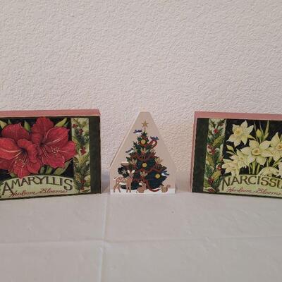 Lot 216: New (2) Silvestri Flower Hanging Deco and Christmas Tree Wood Deco 