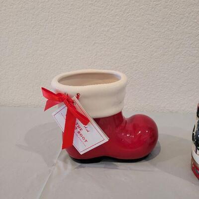 Lot 217: New  Santa Giving Boot, Jar Candle Holder and Glass Candy Canes