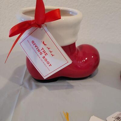 Lot 217: New  Santa Giving Boot, Jar Candle Holder and Glass Candy Canes