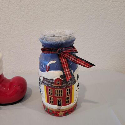 Lot 217: New  Santa Giving Boot, Jar Candle Holder and Glass Candy Canes