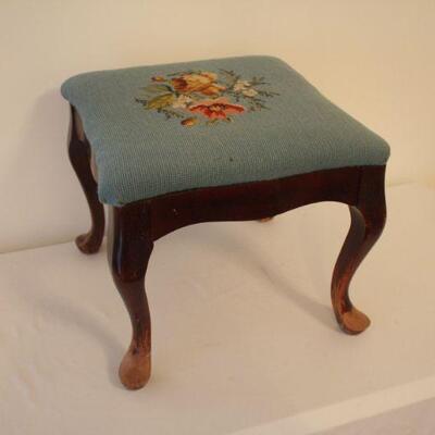 Lot #109: Vintage/Antique Embroidered Needle Point Turquoise Foot Stool