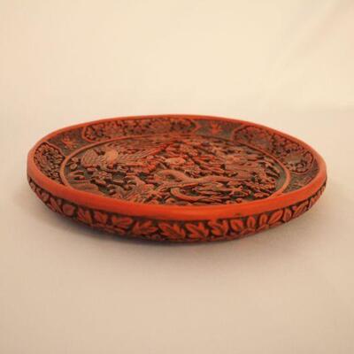 Lot #111: Vintage Chinese Carved Cinnabar Red Lacquered Plate 