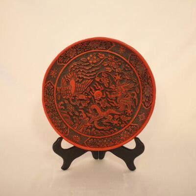 Lot #111: Vintage Chinese Carved Cinnabar Red Lacquered Plate 