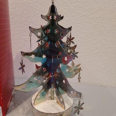 Lot 230: New in Box Musical Rotating Metal Tree and (3) New Christmas Ornaments 