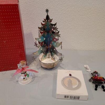 Lot 230: New in Box Musical Rotating Metal Tree and (3) New Christmas Ornaments 