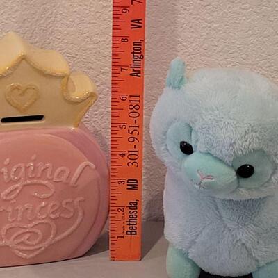 Lot 243: New Disney Princess Bank, Princess Ornament and Llama Plushie 