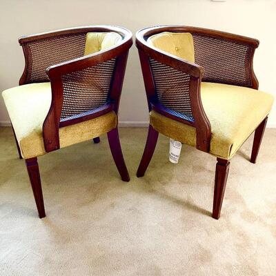 Lot 39  Vintage Pair of Horseshoe Chairs Cane Sides Mustard Yellow Upholstery 