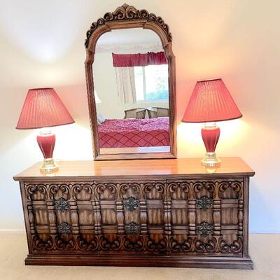 Lot 40  Vintage Pressed Wood Console Dresser w/Mirror 70s Spanish Revival 