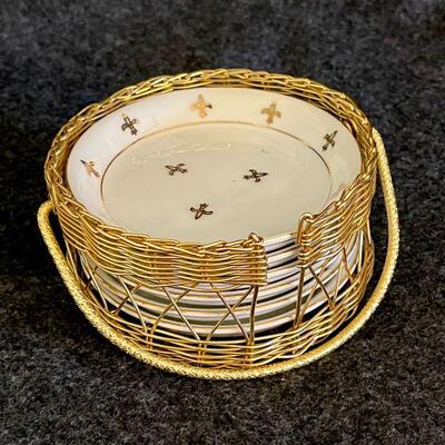Lot 55  Porcelain Coasters Gold Fleur de Lis Pattern Wire basket