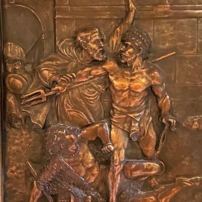 Victorian Repousse Copper Gladiator Scene Men Wrestling