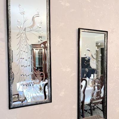 Lot 76  Pair of Decorative Etched Glass Mirrors Peacock Design