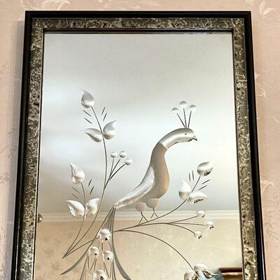Lot 76  Pair of Decorative Etched Glass Mirrors Peacock Design
