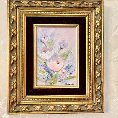 Lot 77  Oil on Board Signed Painting Pastel Floral Gold Frame