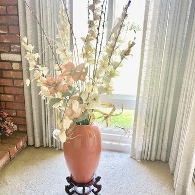 Lot 82  Rose Color Porcelain Floor Vase w/Faux Flower Arrangement Asian Rosewood Stand