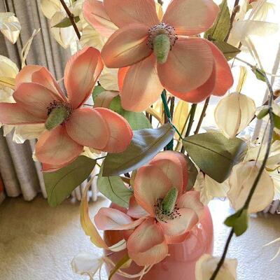 Lot 82  Rose Color Porcelain Floor Vase w/Faux Flower Arrangement Asian Rosewood Stand