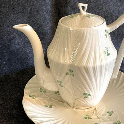 Lot 90  Belleek Harp Shamrock Coffee Pot w/Underplate Green Mark Made in Ireland
