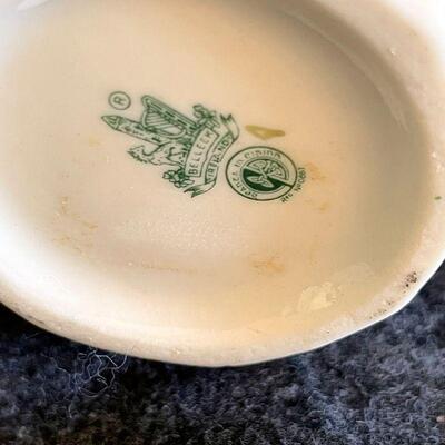 Lot 90  Belleek Harp Shamrock Coffee Pot w/Underplate Green Mark Made in Ireland