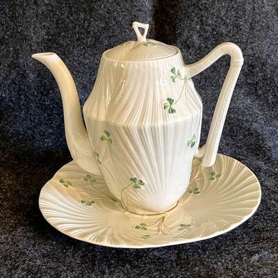 Lot 90  Belleek Harp Shamrock Coffee Pot w/Underplate Green Mark Made in Ireland