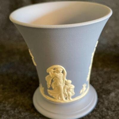 Lot 103  Wedgewood Blue & White Jasperware Group of 3 Vases 