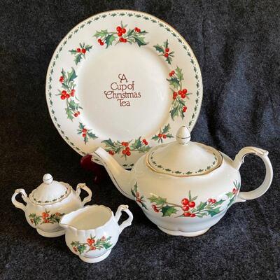 Lot 105  A Cup of Christmas Tea 1995 Tea Pot Sugar & Creamer Cookie Plate