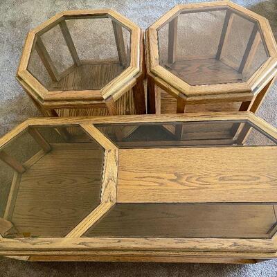 Lot 111  Set of 3 Vintage Occasional Tables Oak & Smokey Glass 