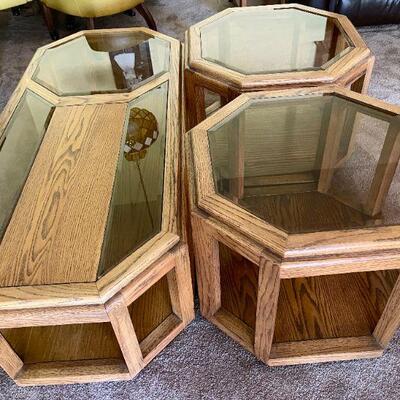 Lot 111  Set of 3 Vintage Occasional Tables Oak & Smokey Glass 
