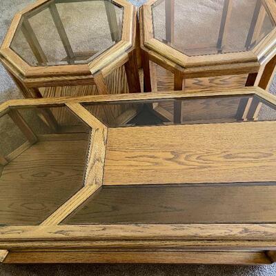 Lot 111  Set of 3 Vintage Occasional Tables Oak & Smokey Glass 