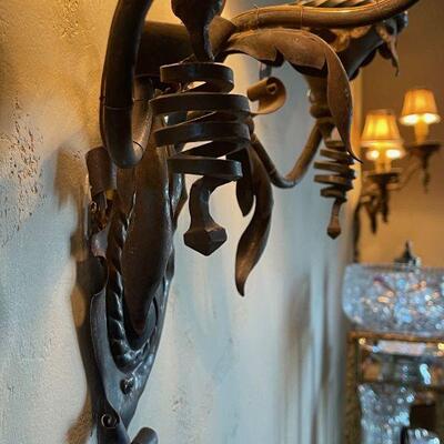 Medallion Mounted French Iron Antique Wall Sconces