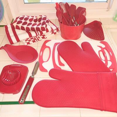 Lot 141  Red Kitchen Group Tools Gadgets Towels 
