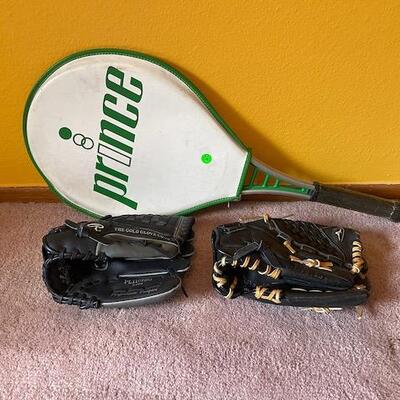 Tennis racket and Kid's baseball mitts