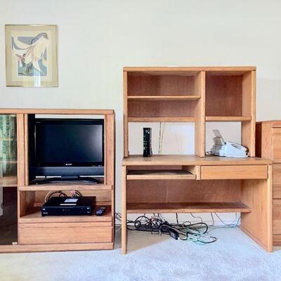 Lot 166  1980s Home Office Media Center Computer Desk File Cabinet Light Oak