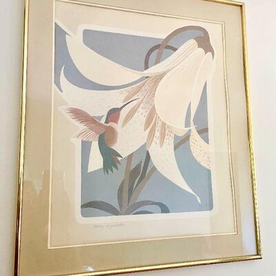 Lot 168  Vintage Framed Vintage Hummingbird & Flower Print Signed Harry Wysaki 