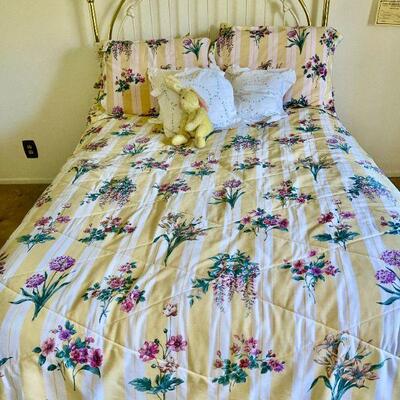 Lot 177  Full Size Bed Set Brass Trimmed Painted Metal Headboard & Bedding