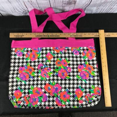Houndstooth & Bright Pink Floral Tote Book Bag