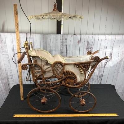 ANTIQUE ORNATE CANE WOVEN BABY DOLL STROLLER BUGGY WITH PAROSAL