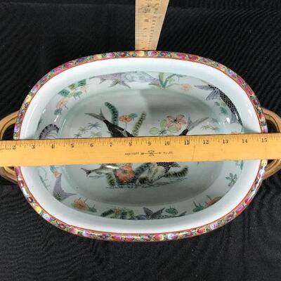 Large Asian Ceramic Oval Planter with Handles Flowers Koi Fish