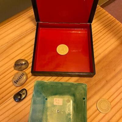 Russian lacquer box, pottery dish and stones