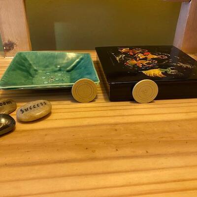 Russian lacquer box, pottery dish and stones