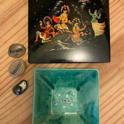 Russian lacquer box, pottery dish and stones