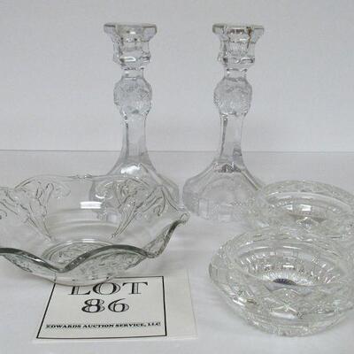 Pressed Glass Candlestick Pair, Pressed Glass Ruffled Bowl, Pair Princess House Lead Glass Candle Holders
