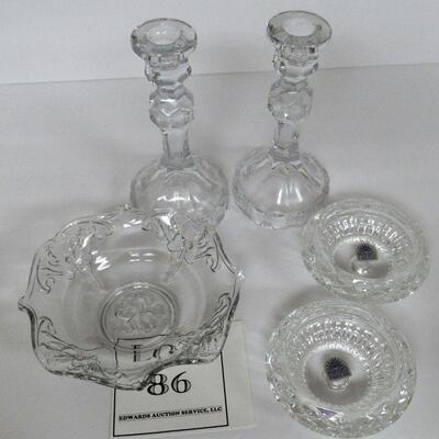 Pressed Glass Candlestick Pair, Pressed Glass Ruffled Bowl, Pair Princess House Lead Glass Candle Holders